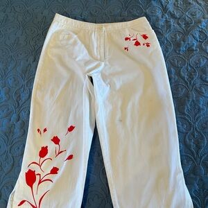 White Pants with Red Floral Design